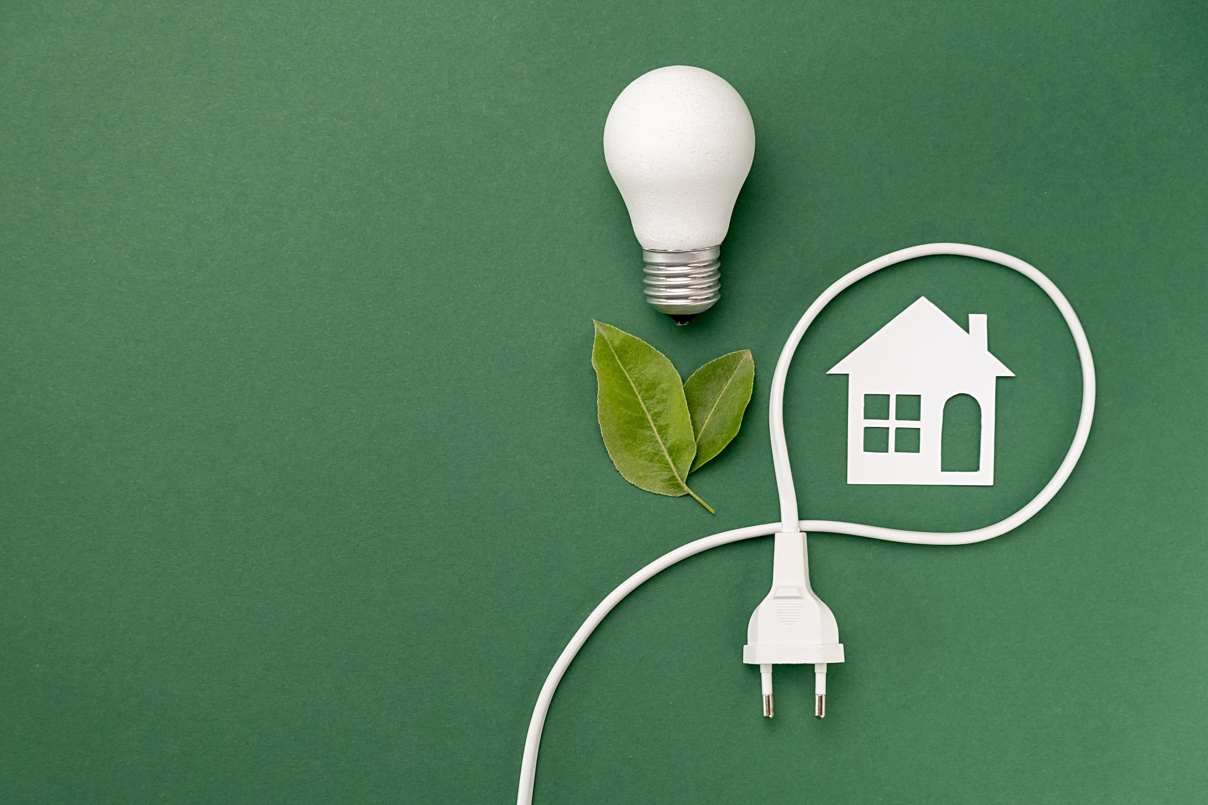 Home Electrification Concept With A Lightbulb, A Green Leaf, And An Electric Cord Encircling A Paper Cut-Out Of A House.