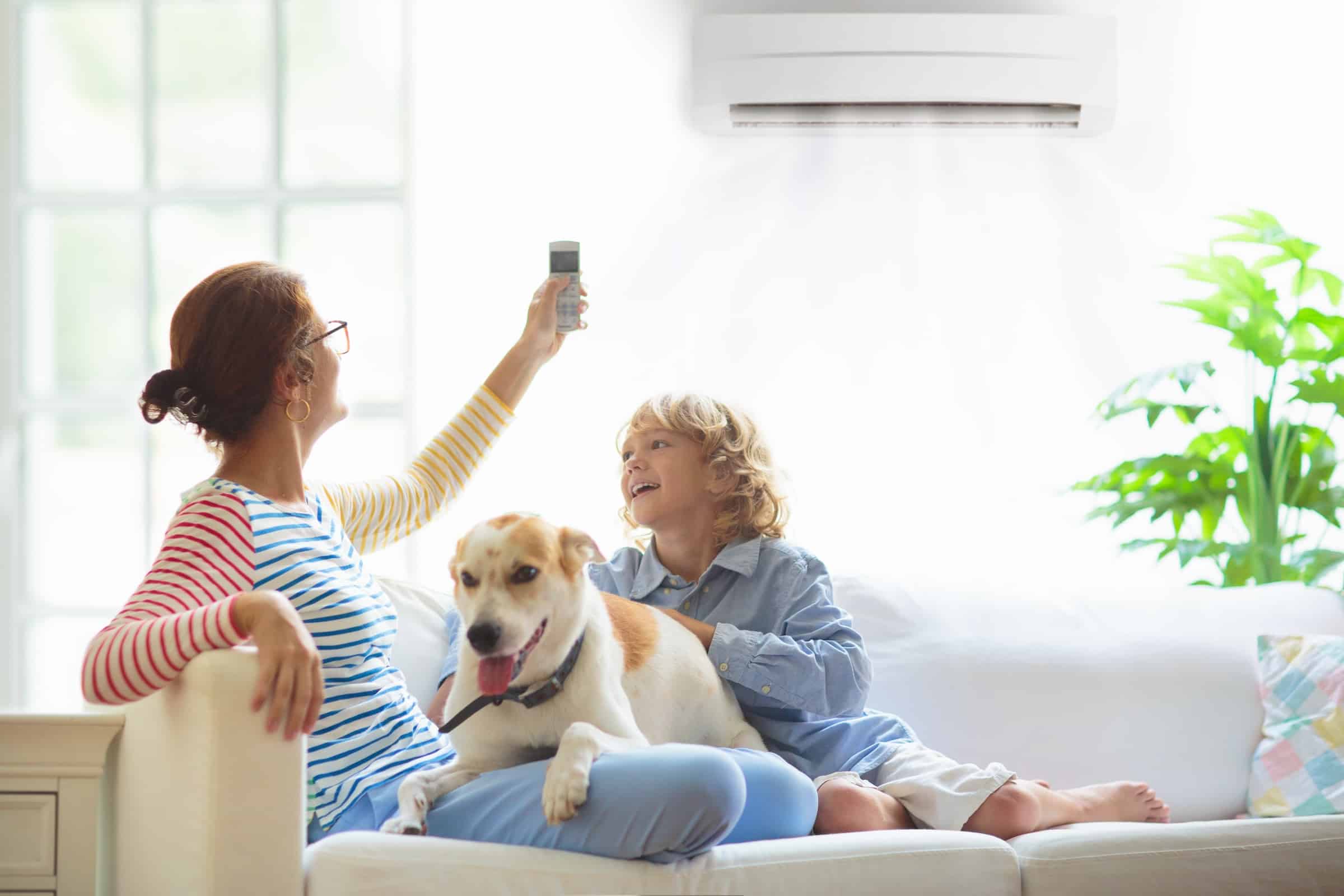 Mother, child and family dog are sitting together on a couch while the mother turns on the mini-split air conditioner