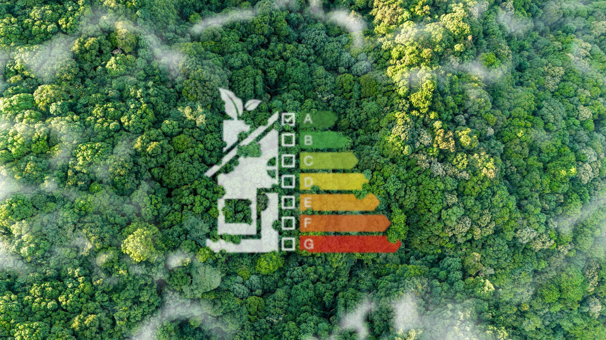 Home Energy Scale Superimposed Over A Canopy Of Green Trees